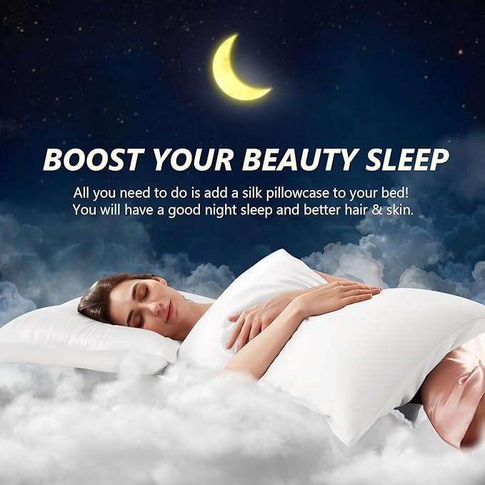 Silk Pillow Cases Standard Size 100% Mulberry Silk Pillowcase for Hair & Skin 22 Momme Both Sided Grade 6A Silk Cooling Soft Breathable 20 x 26 Inches with Hidden Zipper 1PC, White