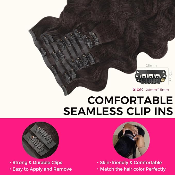 Lashey Seamless Clip in Hair Extensions Human Hair 130g 9pcs 18 Inch Body Wave #2 Dark Brown Clip in Extensions for Women PU Weft Hair Extensions