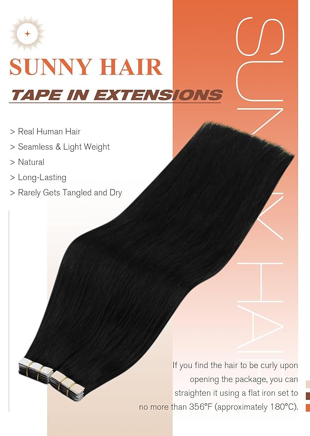 Sunny Hair Tape in Hair Extensions Human Hair 20inch Hair Extensions Real Human Hair Tape in Extensions for Women Jet Black Invisible Remy Hair Natural Straight Skin Weft Double Sided Tape 40pcs 100g