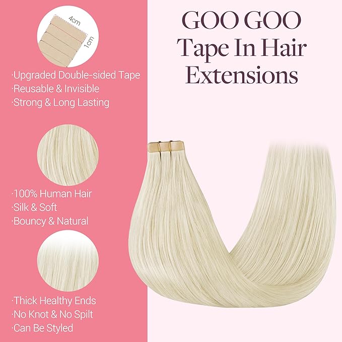 GOO GOO Tape in Hair Extensions Human Hair, 60A Platinum Blonde, 18inch 50g 20pcs, Skin Weft Seamless Invisible, Silky Straight with Thick Ends, Remy Human Hair