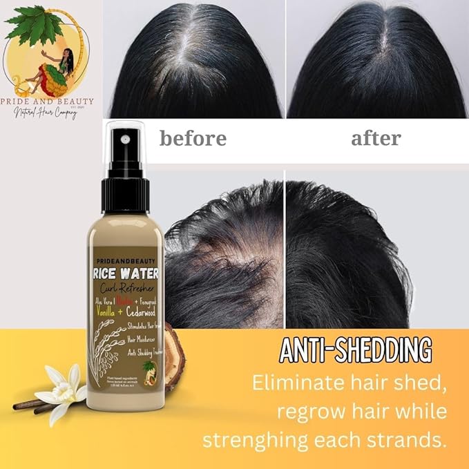 Rice Water Hair Growth Spray – Vanilla Cedarwood | Rosemary, Caffeine & Biotin Infused | Hair & Scalp Treatment for Thicker, Fuller Hair | Non-Greasy, Vegan Formula (4 oz)