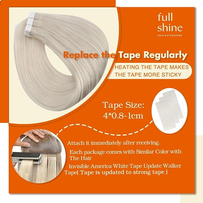Full Shine Human Hair Extensions Tape in 16Inch Invisible Remy Tape in Hair Extensions Double Sided Adhesive Color 1000 Blonde Silky Straight Real Human Hair Tape ins Human Hair 50G 20Pcs for Wedding