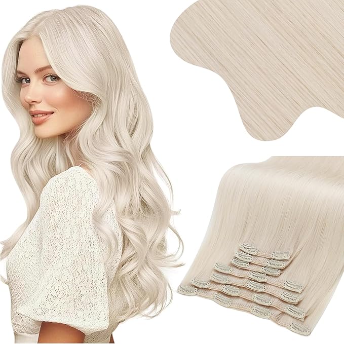 Moresoo Blonde Clip in Hair Extensions for Women Remy Double Weft Clip in Human Hair Extensions Platinum Blonde Full Head Set 7pcs/150g 24inch