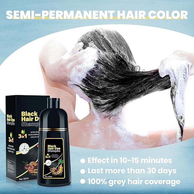 JUANCHI Gray Hair Coverage Shampoo - 3 in 1 Herbal Formula for Women and Men, 500ml (Black)