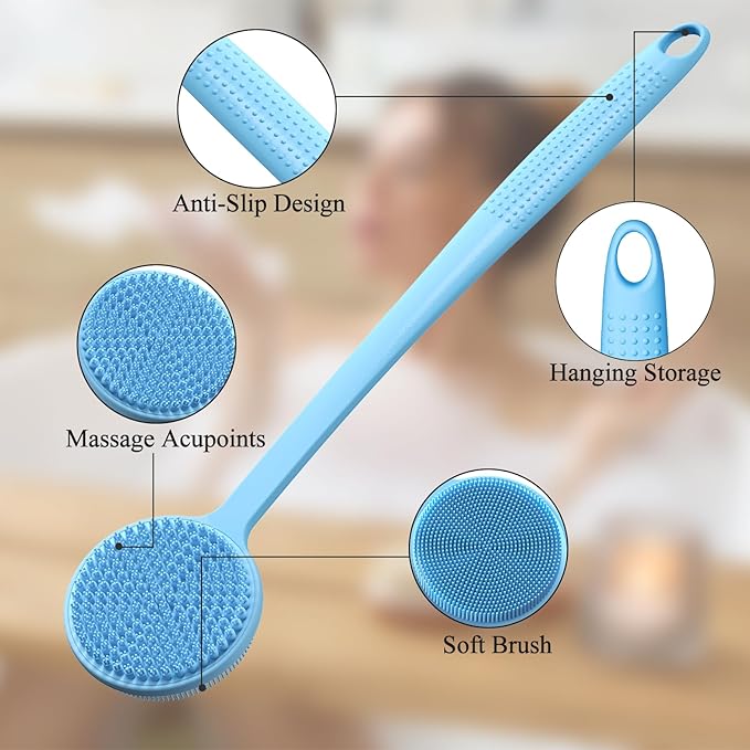 Silicone Back Scrubber for Shower, 17in Lengthen Long Handle Body Brush, Double Sided Shower Brush for Shower Exfoliating and Massage Can Produce Rich Foam, Long Handle Back Scrubber for Men