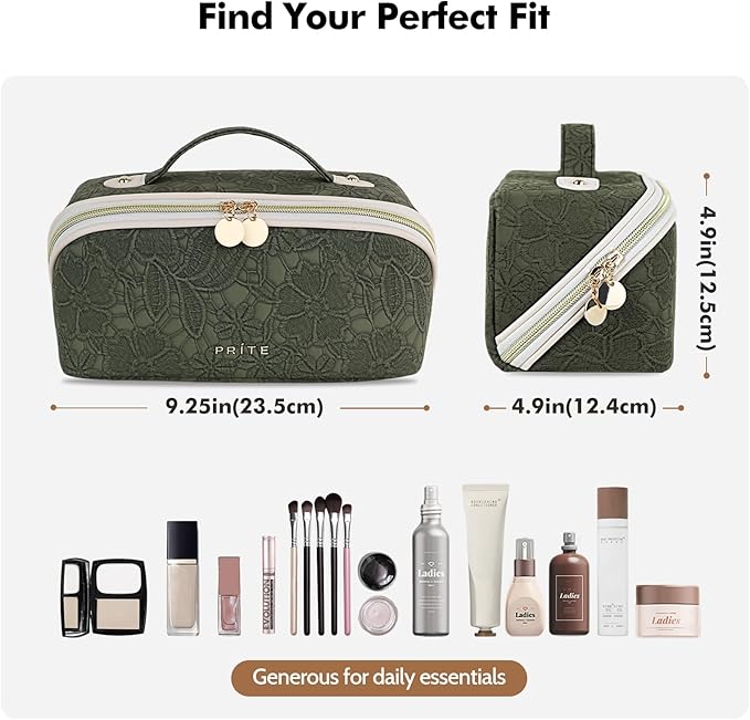 Prite Travel Cosmetic Bag Makeup Organizer Bag For Women Large Capacity Waterproof PU Leather Toiletry Bag with Handle and Clear Divider(Green Flower)