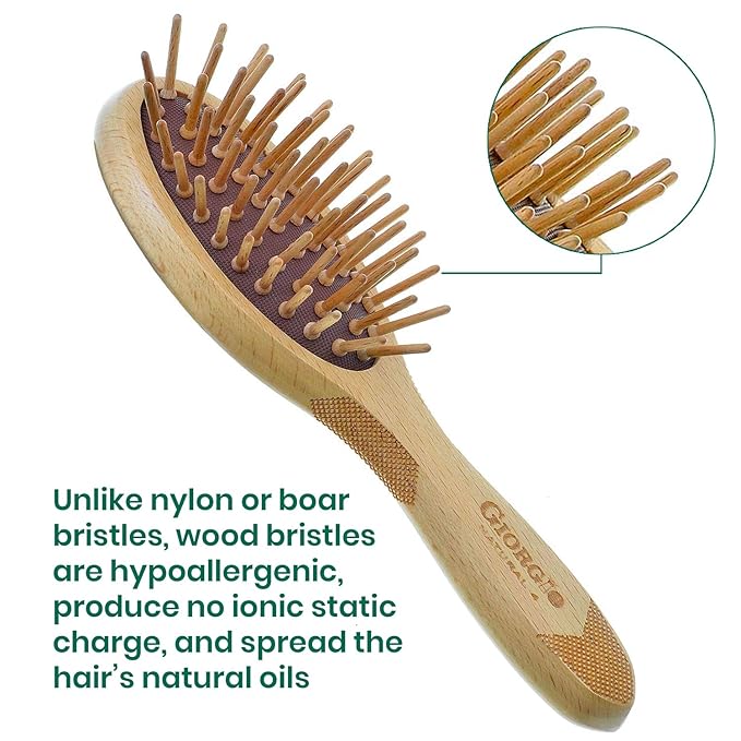 Giorgio Eco Friendly Wooden Bristle Hairbrush - Small Detangling Brush and Hair Growth Brush for Thick or Long Hair - Oval Paddle Hair Brush Made with Anti Static Beechwood, Silicone Massage Cushion
