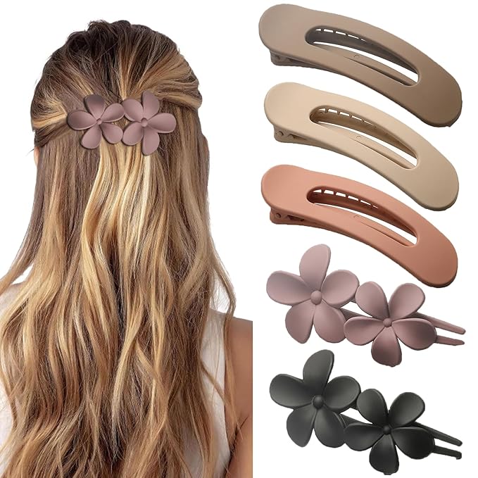 5 Pcs Flat Hair Clips, Medium Lay Flat Claw Clips for Women Girls,2 Styles Strong Hold Non-slip Matte Hair Claws for Thick Thin Hair(Brown&Purple)