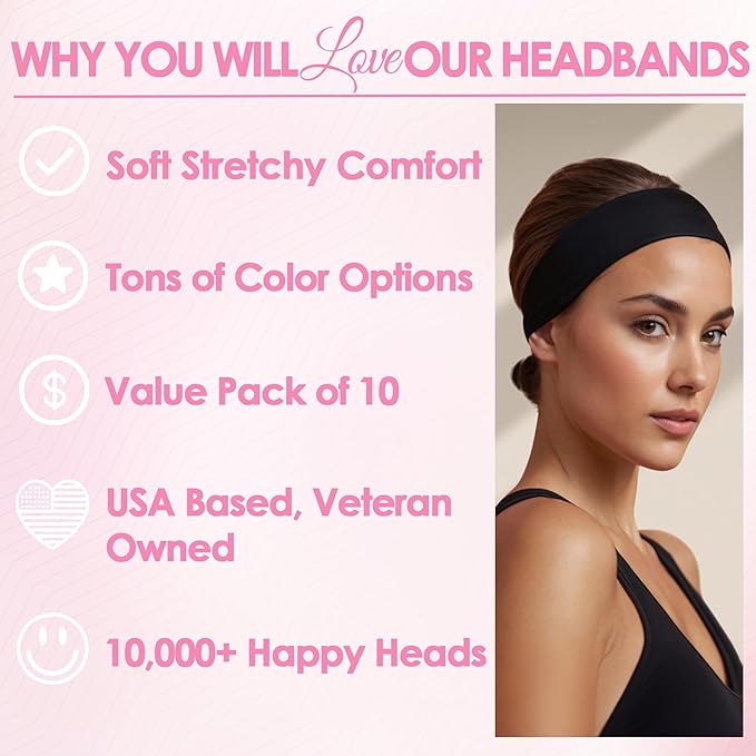 Styla Hair Headbands for Women Stretch Fashion Head Bands 10 Pack Non-Slip Head Wraps Great for Spa, Sports, Yoga, Pilates, Running, Gym Headband, Workouts (Black)