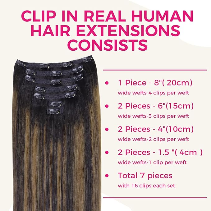Lashey Clip in Hair Extensions Real Human Hair 7pcs 120g Straight Natural Black Mixed Chestnut Brown Hair Extensions Clip ins for Black Women 16 Inch