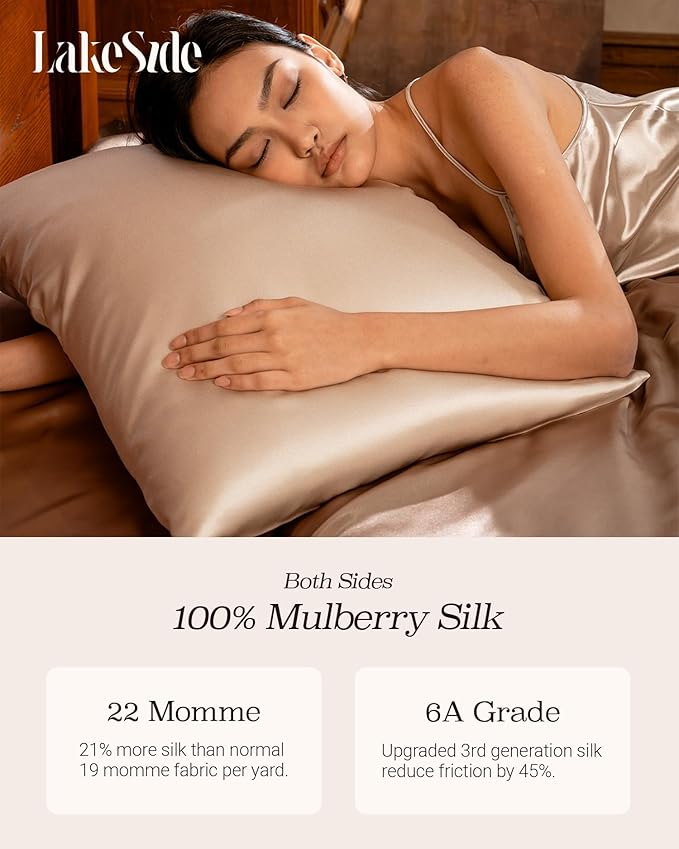 Oriental Lakeside® 100% Pure 22 Momme Mulberry Silk Pillowcase with Hidden Zipper - Nighttime Skincare & Hair Care Hydrating Pillow Cover