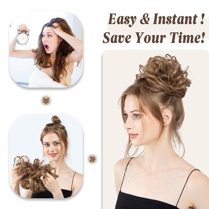 CJL HAIR Large Messy Bun Hair Piece Wavy Curly Scrunchies Synthetic Chignon Ponytail Hair Extensions Thick Updo Hairpieces for Women Sunny Blonde