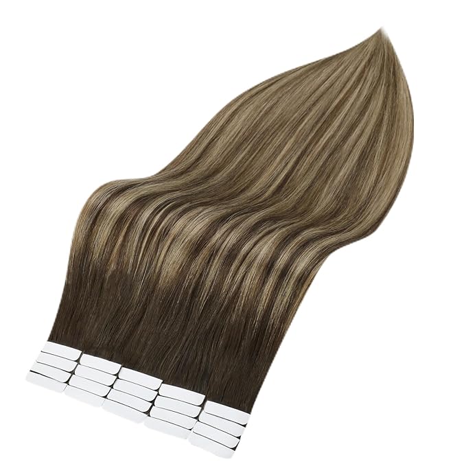 Full Shine 18Inch Tape in Hair Extensions Human Hair Ombre Balayage Tape in Extensions Color 2 Darkest Brown Fading to 3 and 27 Honey Blonde Seamless Remy Tape ins Human Hair Extensions 50G 20Pcs
