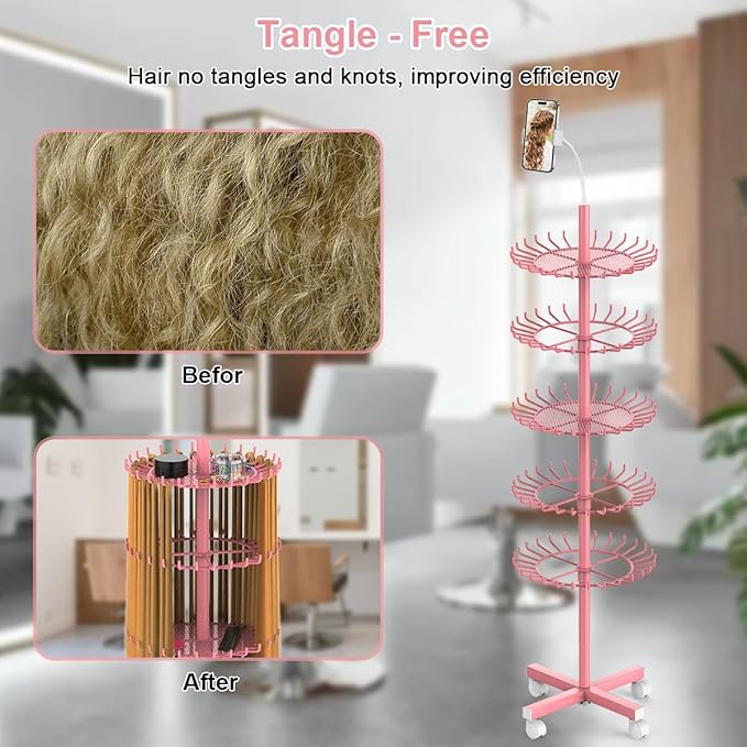 Braiding Hair Rack Standing Hair Extension Holder - 140 Pegs Braiding Hair Rack & Divider Stand with Phone Holder for Displaying and Separating Hair (Pink)