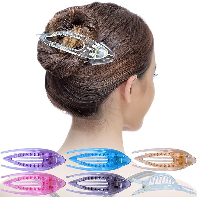 RC ROCHE 6 Pcs Flat Hair Clips Big Claw for Thick Hair French Duckbill Women No Slip Side Slide Curved Alligator Concord Strong Grip Hold Volume Lay Down Clamp, Medium Transparent