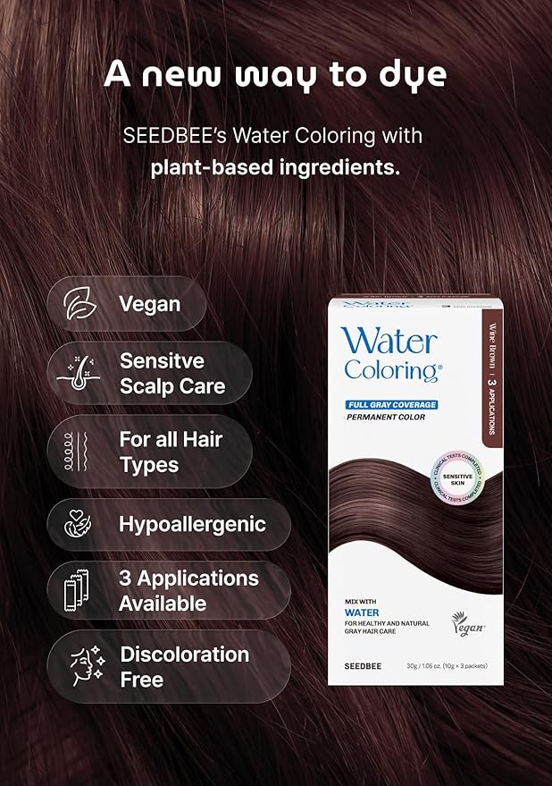 Korean Permanent Hair Dye, Powder Hair Color Kit, Wine Brown, Gray Hair Coverage, Plant-Based Formula, Easy Application for Roots, Short & Long Hair, Vegan, Just Mix with Water (3 Powder Packets)