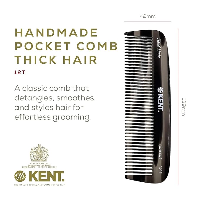 Kent 12T G Wide Tooth Detangling Comb - Handmade Pocket Comb for Thick, Curly, Wavy Hair - Large Tooth Hair and Beard Grooming Comb - Saw-Cut and Hand Polished