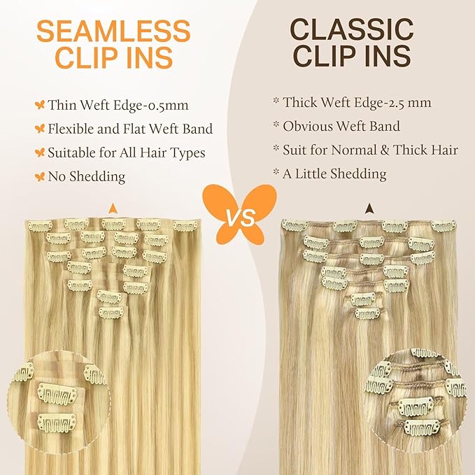 DOORES Clip in Hair Extensions Real Human Hair, DirtyBlonde Highlight Golden Blonde 130g 7pcs 16 Inch, Seamless Clip in Human Hair Extensions Natural invisible Edge Hair Extensions Straight Thick Hair