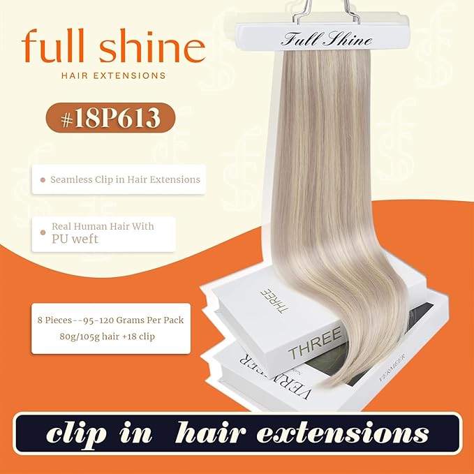 Full Shine Clip in Human Hair Extensions Highlights 20 Inch Long Ash Blonde Clip in Hair Extensions Ash Blonde Mix Bleach Blonde PU Clip ins Real Human Hair 8 PCS 120 G