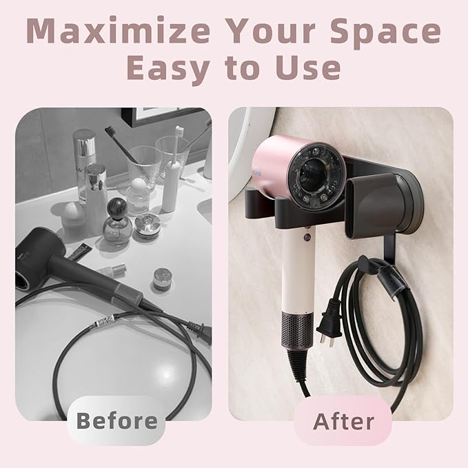 Hair Dryer Holder Wall Mounted, Blow Dryer Holder with Strong Magnet, Dyson Hair Dryer Holder Adhesive Aluminum Alloy Organizer for Bathroom Black UEMUSI