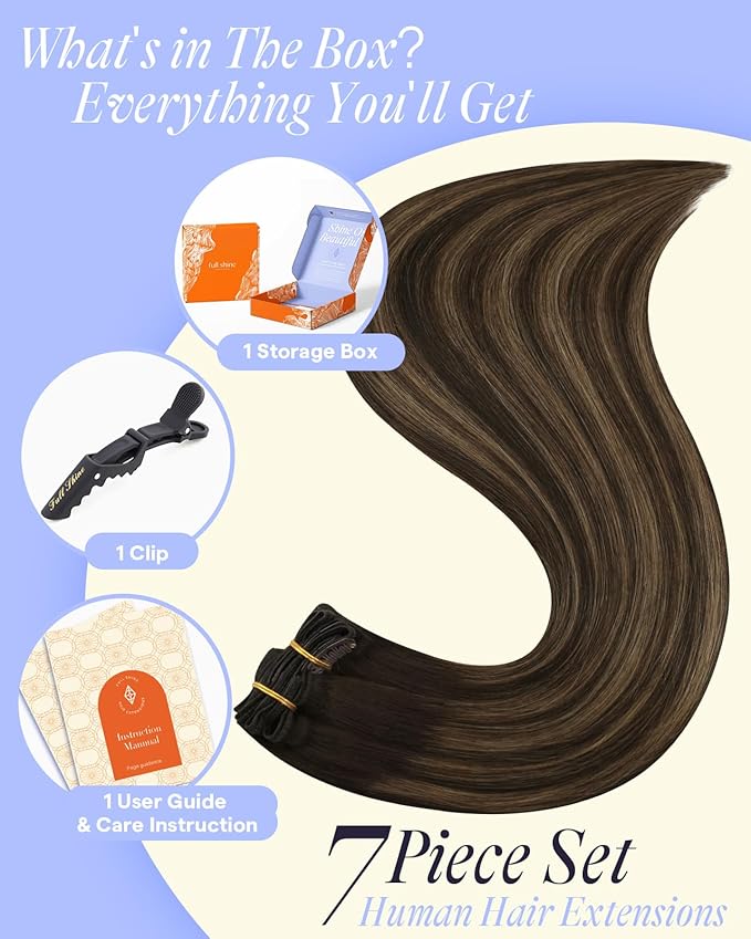 Full Shine Balayage Clip in Hair Extensions 220 G 22 Inch Dark Brown to Chestnut Brown Clipin Hair Extensions Real Human Hair for Fullness 7 Pcs