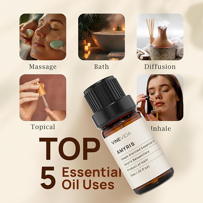 VINEVIDA Amyris Essential Oil - Undiluted, 10 mL - DIY Candle Scents, Safe for Skin