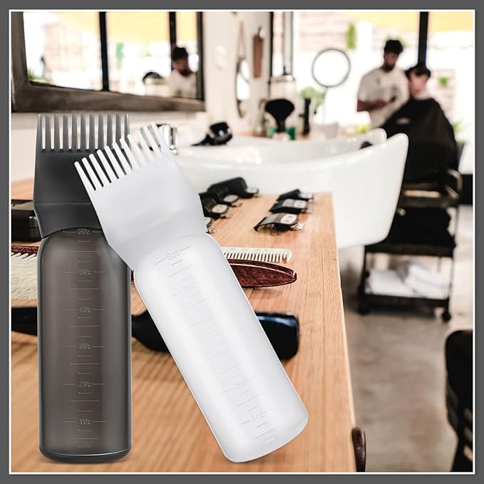 Pimoys 2 Pack Root Comb Applicator Bottle 6 Ounce Oil Applicator for Hair Dye, Hair Oiling Applicator Hair Coloring Bottle with Graduated Scale, Black and White
