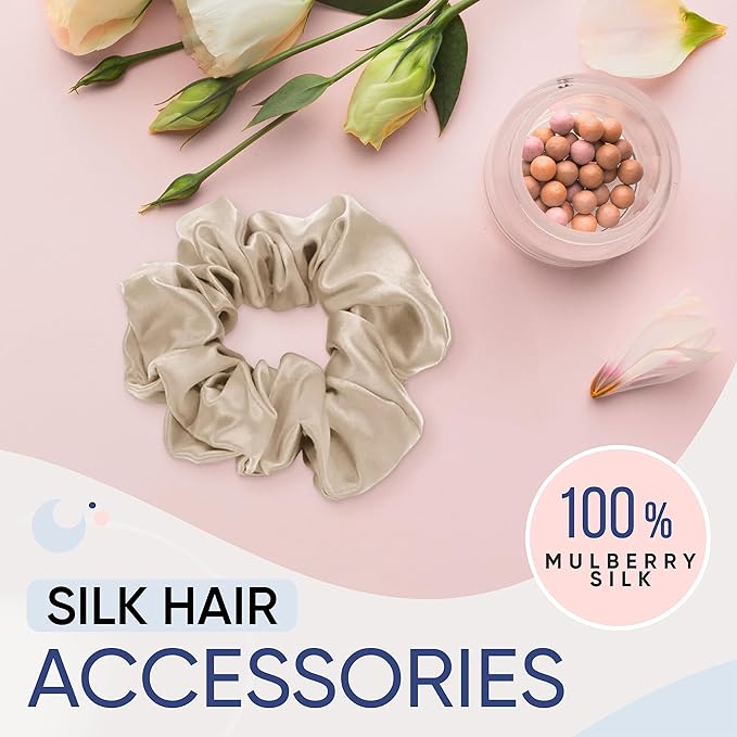 Blissy Silk Scrunchies (3 Pack) - 100% Pure Mulberry Silk - 22 Momme 6A High-Grade Fibers Scrunchie for Straight & Curly Hair - Preventing Breakage, Tangling, & Creasing (Champagne Regular)