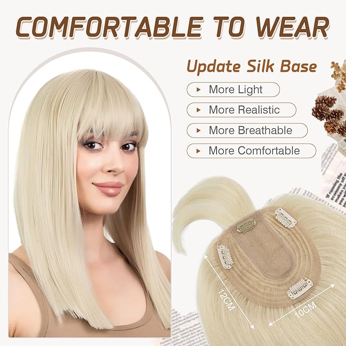 Rich Choices Real Human Hair Toppers for Women With Bang 100% Remy Human Hair Topper for Thinning Hair Clip in Silk Base Hair Topper 14 Inch #60 Platinum Blonde
