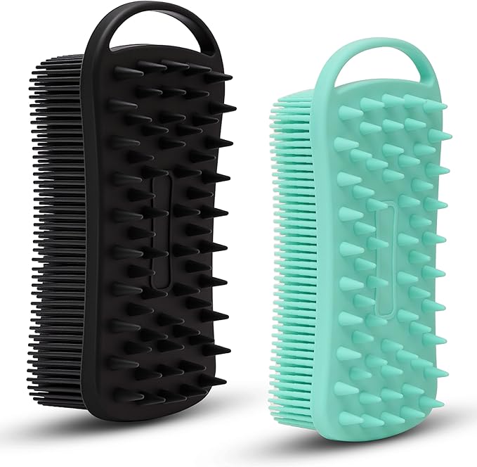 2 PC Silicone Body Scrubber, 2 in 1 Exfoliating Shower Bath Scrubber, Soft Silicone Loofah for Sensitive Skin, Shower Hair Scalp Massager, Easy to Clean, Lather Well (Black&Green)