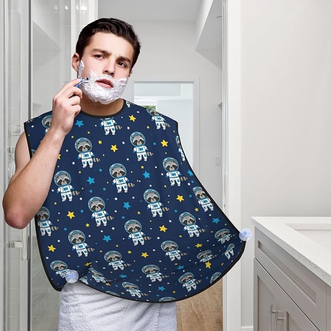 Beard Apron Hair Catcher, Funny Cartoon Space Raccoon Astronaut Shave Bib, Waterproof Non-Stick Shaving Bib, Trimming Grooming Tool for Dad Men Anniversary