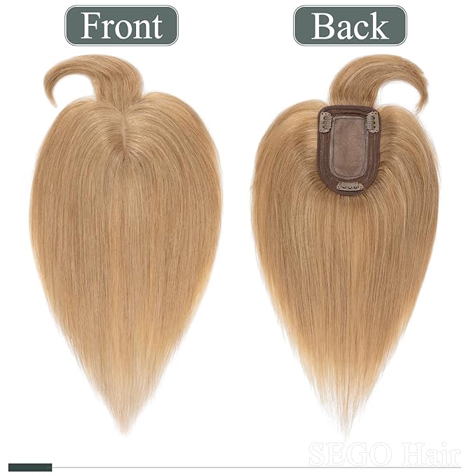 SEGO Hair Toppers for Women Real Human Hair with Thinning Hair, Toppers Hair Pieces Clip in Toppers Straight Hair Pieces with Front Bangs 150% Density Silk Base -6 Inch #27 Dark Blonde