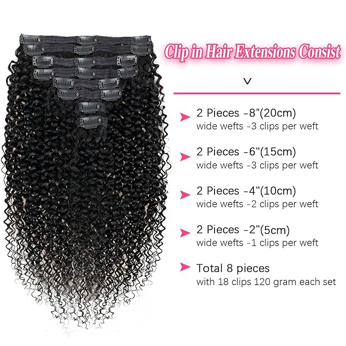 12 inch Kinky Curly Clip in Extension Human Hair Affordable 3C 4A Kinky Curly Clip Ins for Women Brazilian Remy Human Hair Natural Color 8 Pcs with 18 Clips 120g/Set