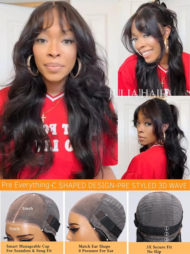Julia Hair Bye Bye Knots Curtain Bangs Wig Glueless Fluffy Natural Loose Wave Pre Cut 7x5 HD Lace Front Wigs Invisible Pre Plucked Pre Everything Body Wave Put on and Go Wig for Women 26 Inch