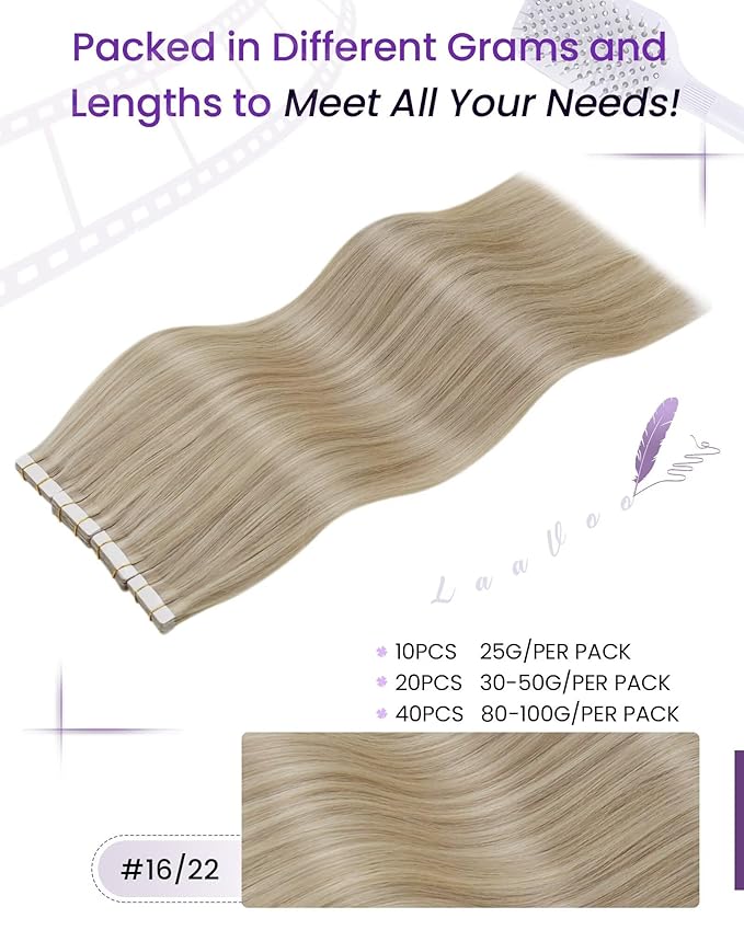 LaaVoo Tape in Human Hair Extensions Dark Ash Blonde Highlighted with Light Blonde Invisible Tape in Hair Extensions Human Hair 40pcs 100g 20 Inch