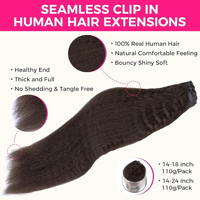 Lashey Seamless Clip in Hair Extensions Human Hair #2 Dark Brown Kinky Straight 7pcs 110g 16 Inch PU Weft Human Hair Clip in Extensions for Women
