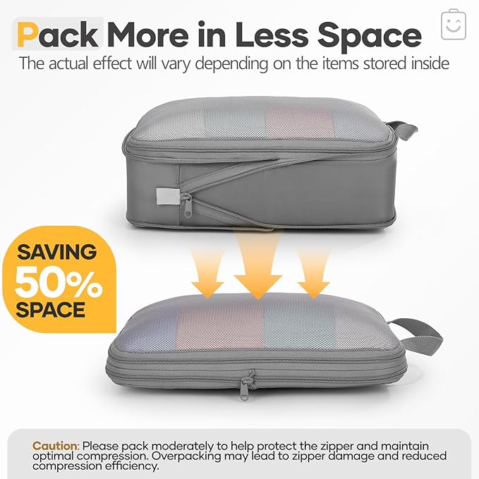 Veken 11 Set Compression Packing Cubes for Travel Essentials,Compressible Expandable Large Luggage Suitcase Organizer Bags for Clothing,Durable Space Saver Storage Bags with Toiletry Bags(Gray)