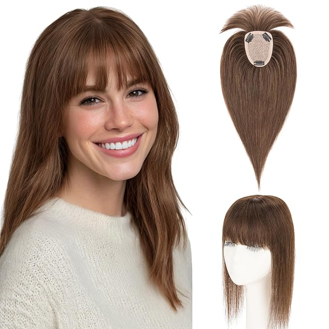 Hairro Human Hair Toppers with Wispy Bangs, 3.5x4.7" Hand-wovened Base for Women with Thinning Hair, Lightweight & Breathable Realistic Scalp, Clip-in Hairpieces for Easy Wear, 15 Inch Dark Brown