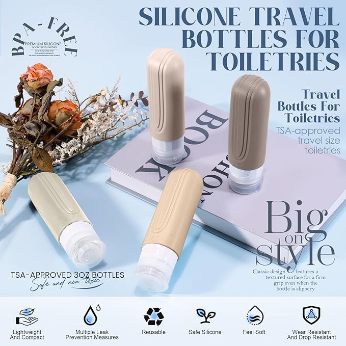 Travel Bottles for Toiletries, 3oz TSA Approved Travel Size Toiletries, Silicone Leak-Proof Refillable Containers, Squeezable Liquid Essentials Bottles W/Clear Bag (CREAM)