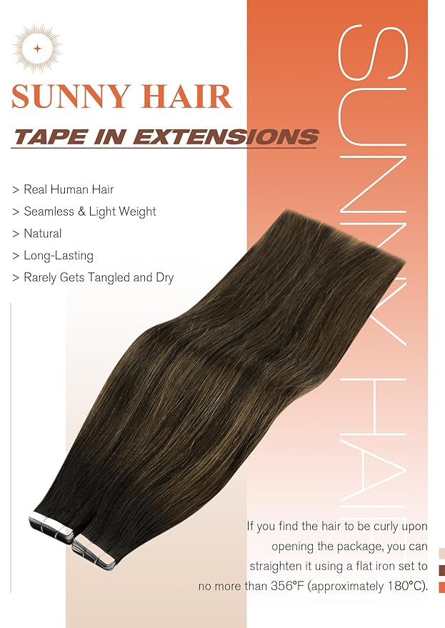 Sunny Hair Tape in Hair Extensions Human Hair 12 Inch Hair Extensions Real Human Hair Tape in Extensions for Women Darkest Brown Ombre Medium Brown Balayage Remy Hair Straight Skin Weft 40pcs 60g