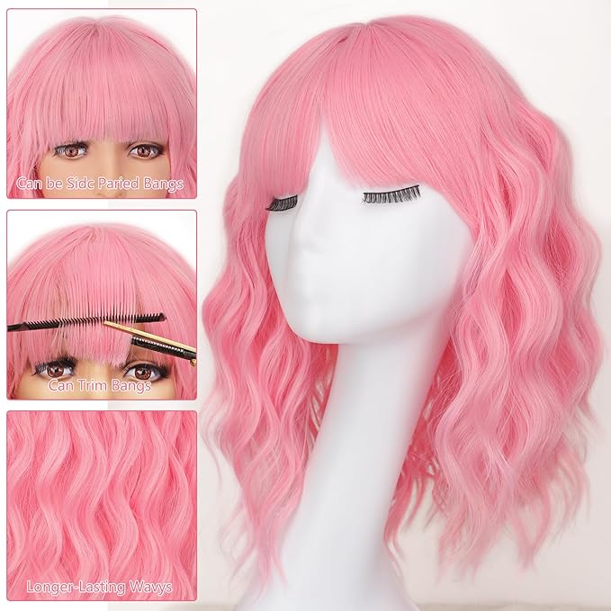 AISI HAIR Curly Bob Wig with Bangs Short Wavy Pink Color Wigs for Women Bob Style Synthetic Heat Resistant Bob Wigs