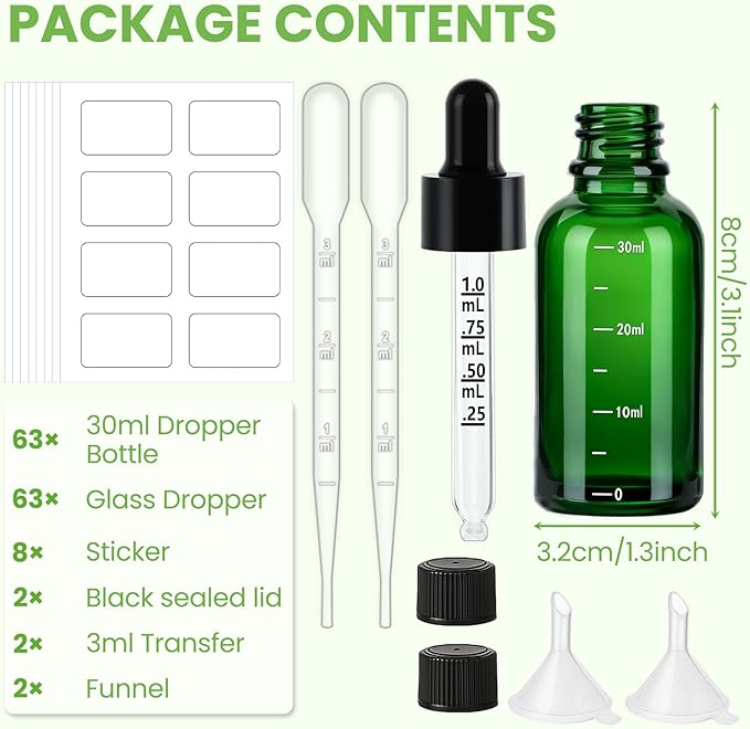 63 Pcs 1oz Green Glass Dropper Bottles with Measurement, 30ml Leakproof Tincture Bottles with Funnels, Eye Droppers, Extra Caps & Labels, Refillable Empty Bottles for Tinctures, Essential Oils