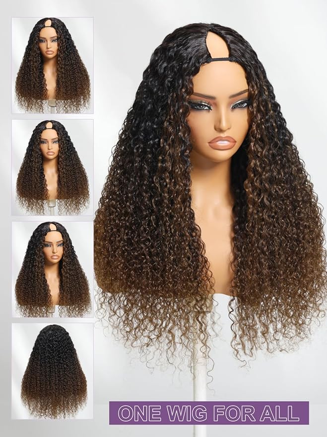 YIROO EasiContour V Part Ombre Brown Human Hair Wig Curly 12A Glueless Upgrade U Part Wig Ombre Black to Chestnut Brown No Leave Out V Shape Clip Wigs Ready to Go 150% Density Beginner Friendly 24Inch