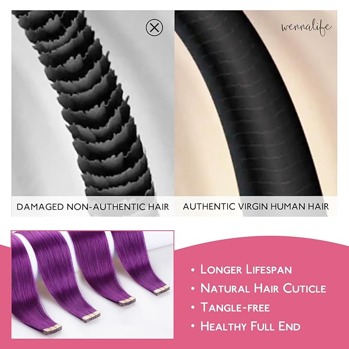 Wennalife Purple Tape in Hair Extensions, 10pcs 30g 24 inch Remy Invisible Tape Ins Straight Colored Soft Real Human Hair Tape in Extensions Refill Set Extensions