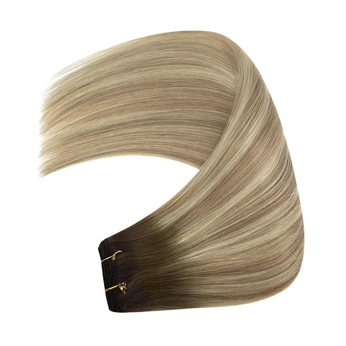 YoungSee Human Hair Weft Extensions Brown Ombre Sew in Extensions Balayage Weft Hair Extensions Human Hair Walnut Brown Ombre Light Brown with Blonde Balayage Hair Wefts Remy Hair 20Inch 100G
