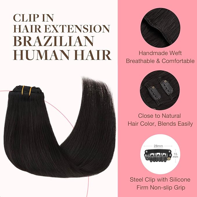 GOO GOO Clip in Hair Extensions Real Human Hair, Remy Human Hair Extensions Clip ins for Women, Natural Human Hair, 20inch 80g 2Pcs, #1B Natural Black