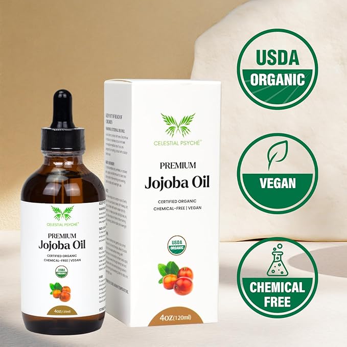 USDA Certified Organic Jojoba Oil (4 Oz) 100% Pure Natural, Chemical-Free, Hexane-Free, Hair Growth, Scalp Care, Skin Hydration, Nails Natural Beauty Enhancement, Anti-Aging