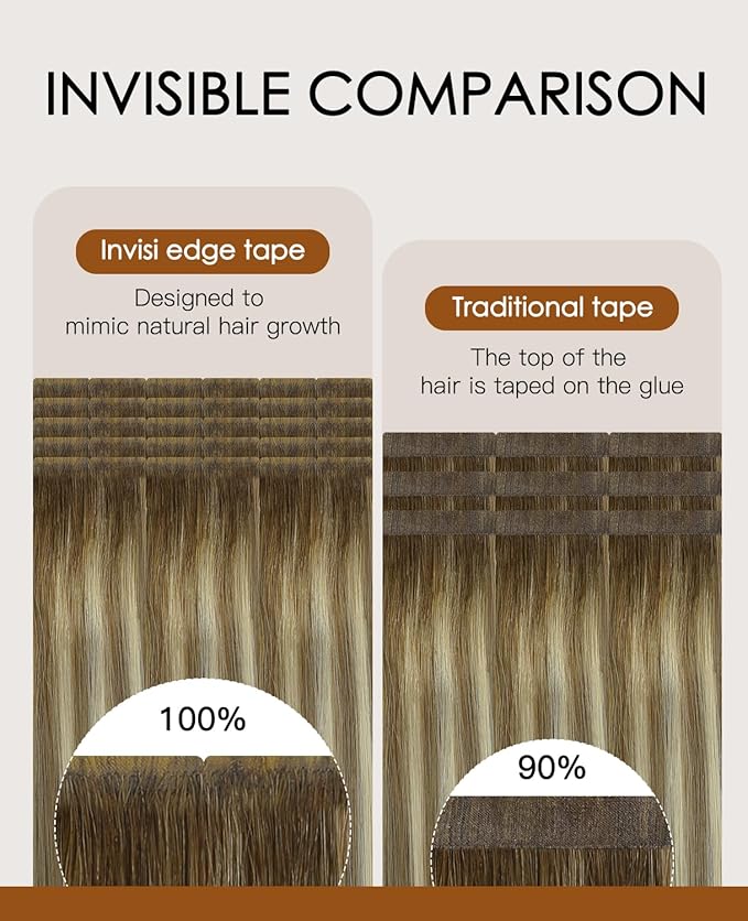 VINBAO Invisible Tape in Extensions Human Hair, 55g 20pcs Balayage Walnut Brown to Ash Brown and Blonde Seamless Injected Tape in Extensions Natural Look 20inch #3/8/22
