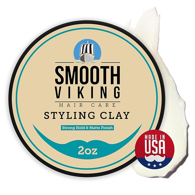 Smooth Viking Hair Clay for Men - Strong Hold Clay Pomade, Matte Finish, Oil-Free, Made in USA, All Hair Types, Natural Scent, Easy Wash Out, Thickening, Nourishing, 2oz