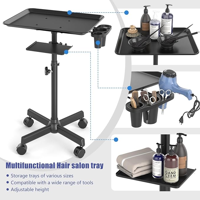 Salon Tray Cart on Wheels with Storage Platform, Adjustable Height Hair Stylist Tray, Premium Iron Tattoo Tray, Suitable for Salon and SPA Use